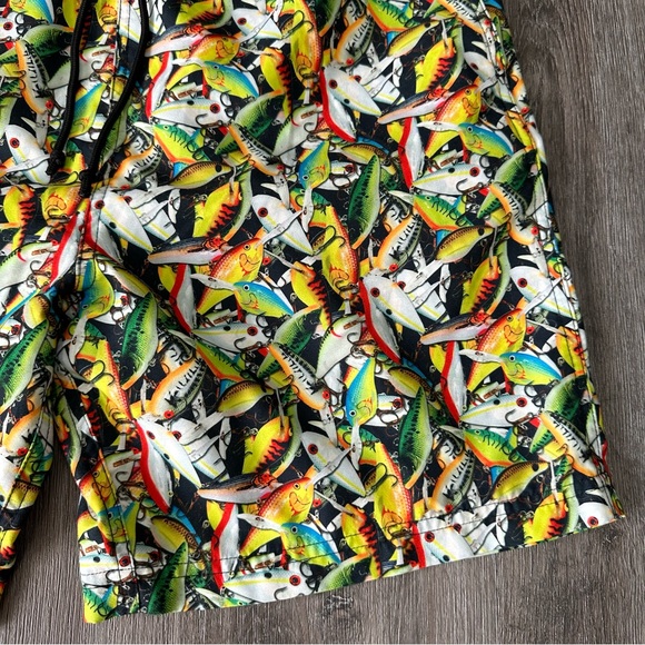 Bass Pro Shops fishing lure all over print black yellow green red swim trunks - Picture 3 of 4